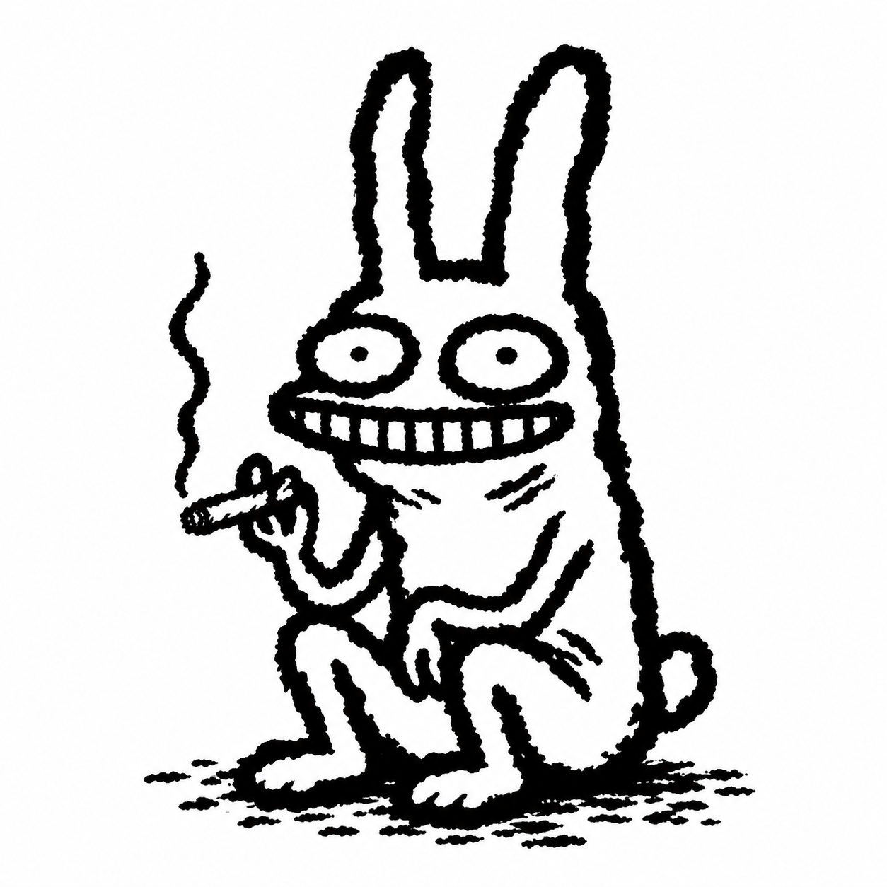 A hand-drawn, wide-eyed rabbit with a ridiculous grin, holding a smoking joint.